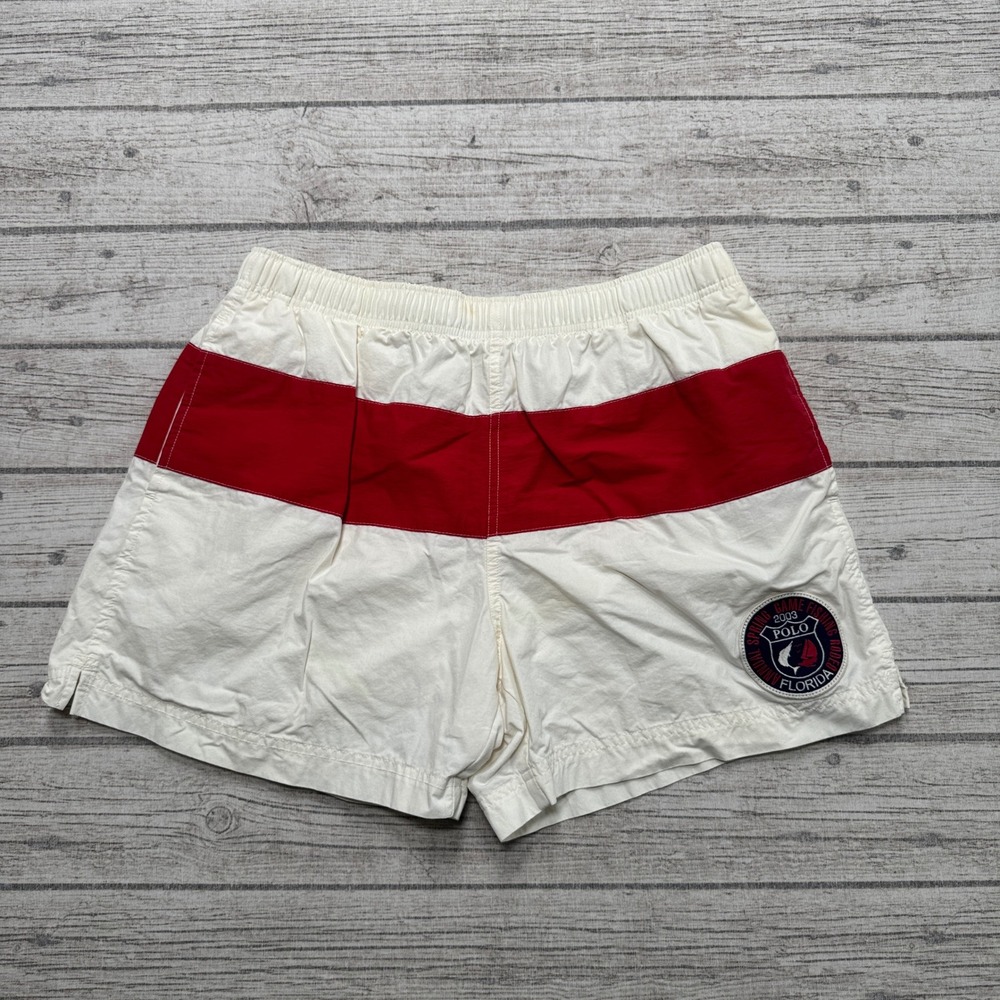 Vintage Polo Sport Ralph Lauren Swim Trunks Men's M White Red Mesh Lined Summer
